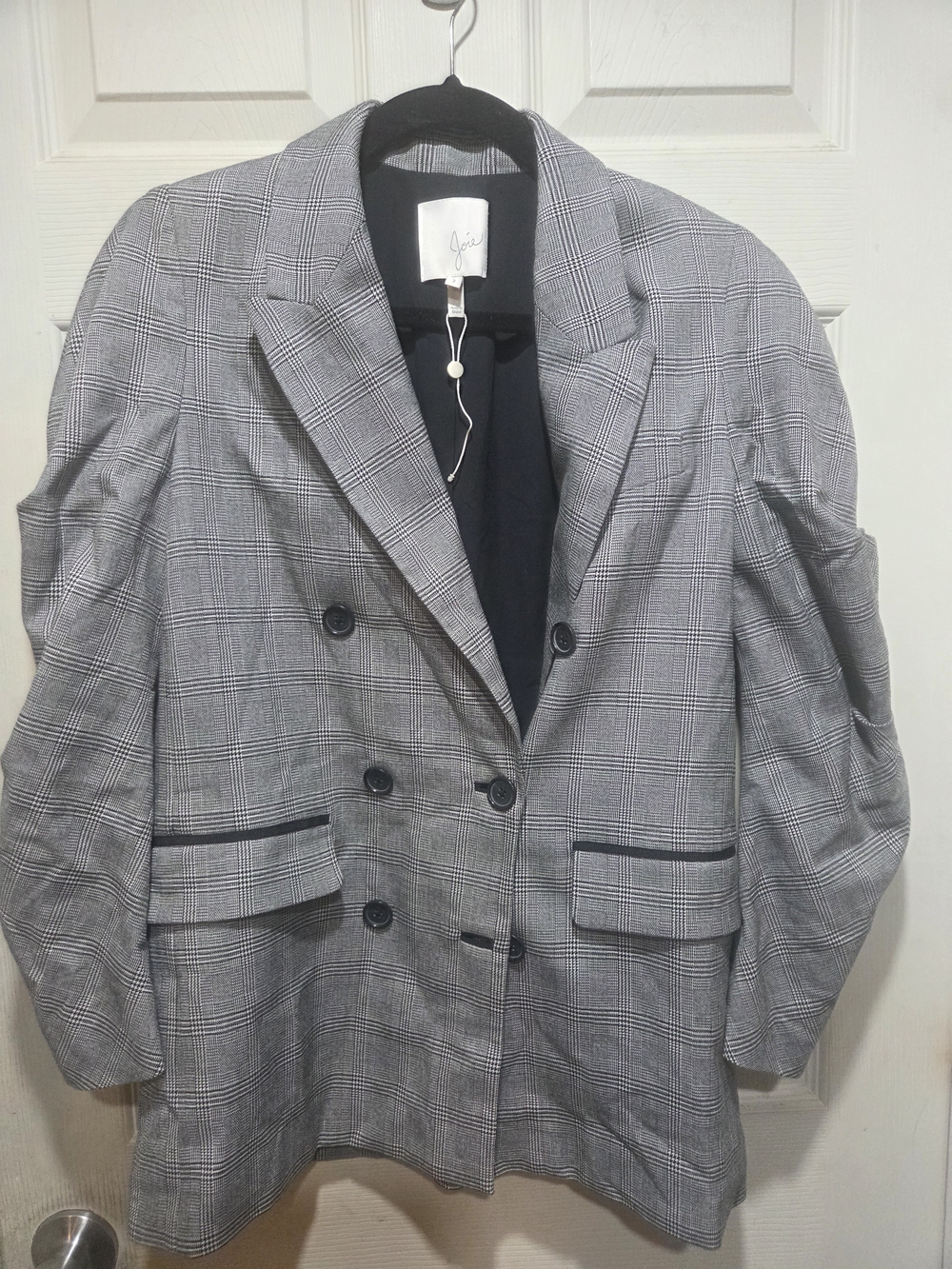 Joie Womens Tomika Black Check Glen Plaid Double Breasted Long Blazer Sz 2